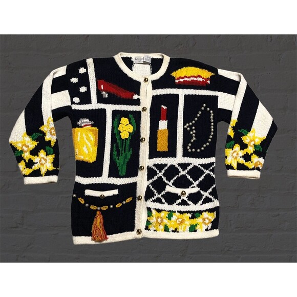 The Eagles Eye Sweaters - 1991 The Eagles Eye Cardigan Sweater Flowers Lipstick Faux Pearls Vintage